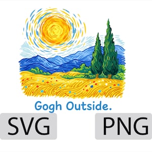 May include: Digital art print depicting a landscape in the style of Van Gogh. The image shows a bright yellow sun, blue mountains, and a field of yellow with colourful accents. Text reads "Gogh Outside."