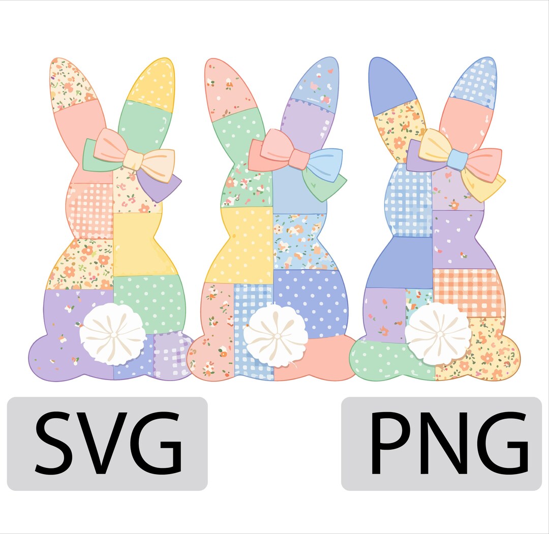 Patchwork Easter Bunny Trio SVG PNG, Pastel Quilt Spring Design ...