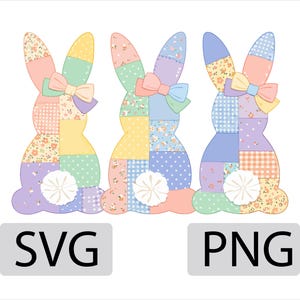 May include: Three pastel-coloured patchwork bunny silhouettes with floral and polka dot patterns. Each bunny has a bow and a white fluffy tail. The image includes the text "SVG" and "PNG" in grey rectangles, suggesting digital design files.