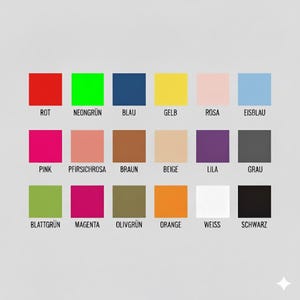 May include: A color palette featuring 18 squares in various colors, including red, neon green, blue, yellow, pink, and light blue. Each square has a color name in German.