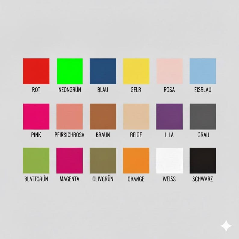 May include: A color palette featuring 18 squares in various colors, including red, neon green, blue, yellow, pink, and light blue. Each square has a color name in German.