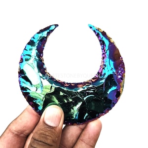 Titanium Quartz Crescent Moon | Aura Coated Crystal Moon | 4-Inch Healing Stone | Boho Decor Gift | Chakra Energy | Witchy Altar Tool