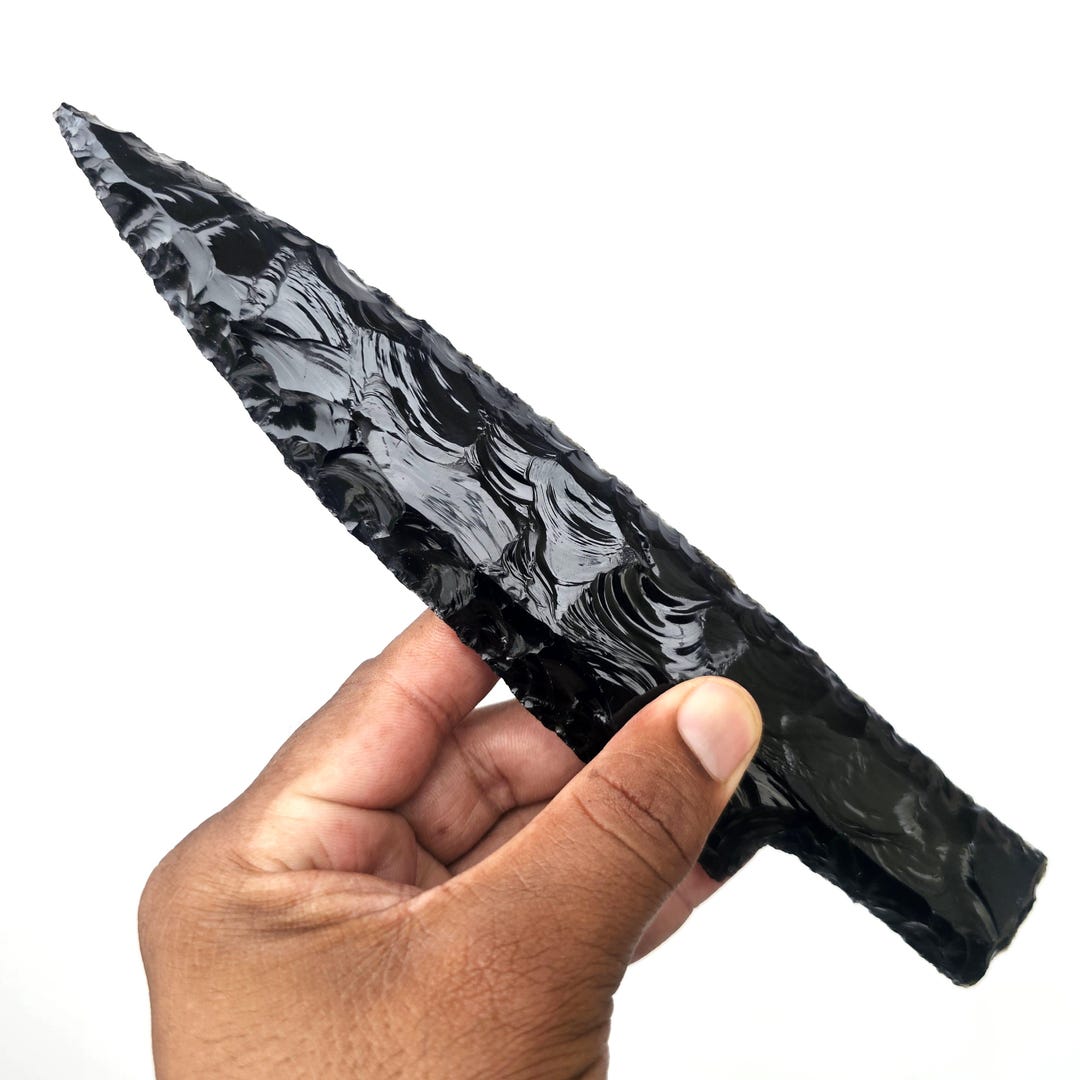 Hand-knapped Black Obsidian Knife: Volcanic Glass, Primitive Style