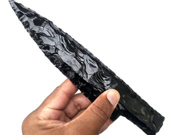 Hand-knapped Black Obsidian Knife: Volcanic Glass, Primitive Style
