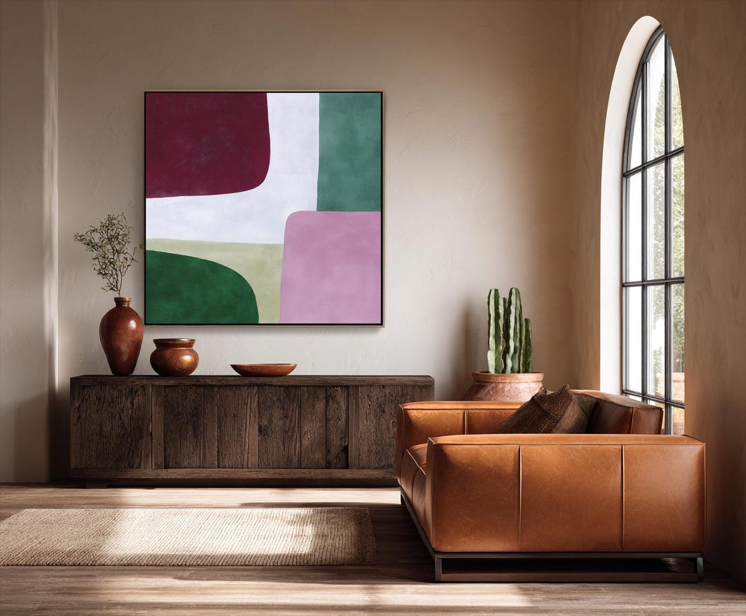 Large Geometric Abstract Canvas Art, Burgundy Green Modern Minimalist ...