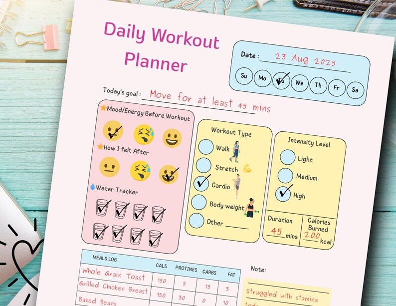 Daily Workout Planner Printable PDF – 2 Versions: Pastel and Black and ...