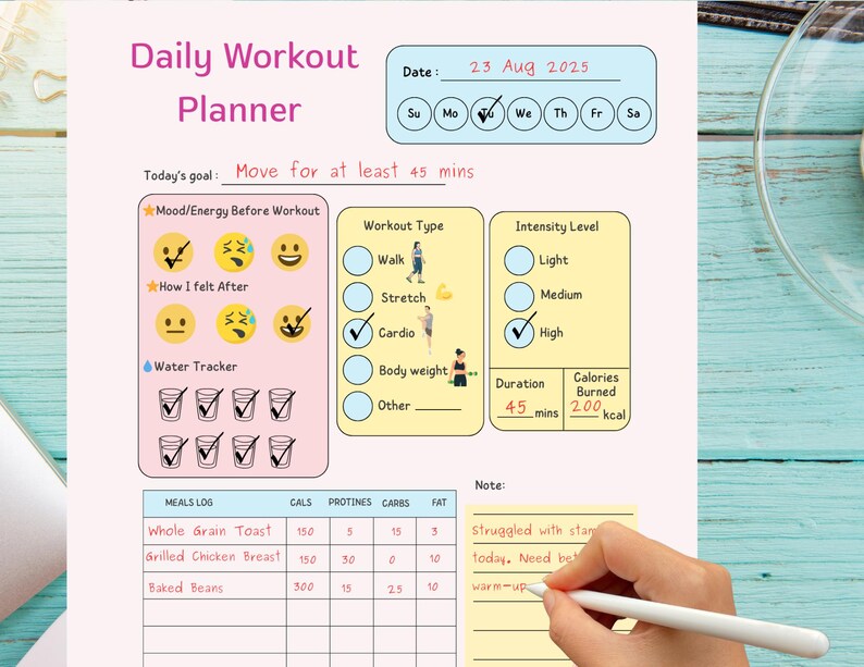 Daily Workout Planner Printable PDF – 2 Versions: Pastel and Black and ...