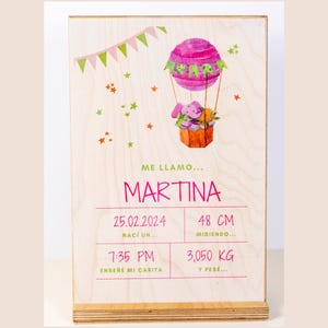 Natalicio personalizado en madera – Diseño Animales o Globo – Regalo bebé con nombre, fecha, hora, peso y talla – Hecho a mano