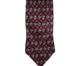 Chaps Ralph Lauren Mens Burgundy Gold Geometric Silk Blend Necktie