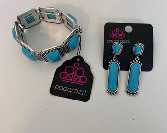 Paparazzi Turquoise Stone Stretch Bracelet & Dangle Earrings Set New