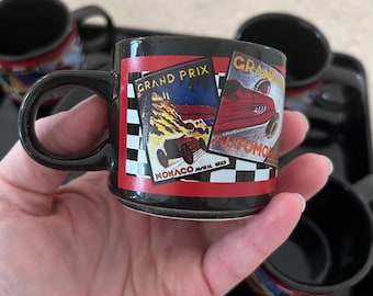 Grand Prix Monaco 1933 Espresso Set 4 Cup Saucers Tray Racing Automobile Vintage