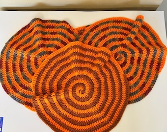 4 Crochet Spiral Table Toppers Trivets Hot Pads Orange Brown Gray Round Handmade
