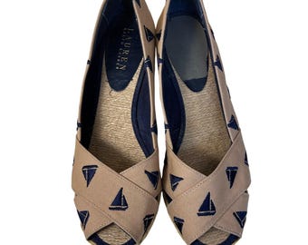 Lauren Ralph Women Espadrille Wedge Sandals Nautical Sailboat Print Tan Blue 8