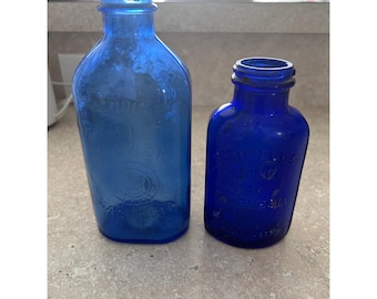 Vintage Cobalt Blue Glass Bottles Phillips & Merrells Milk of Magnesia Set of 2