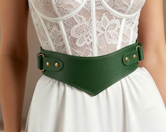 Leather Waist Cincher Belt, Leather Corset Waist Belt, Wide Waist Cincher, Adjustable Leather Belt, Women’s Waist Cincher,Green Leather Belt