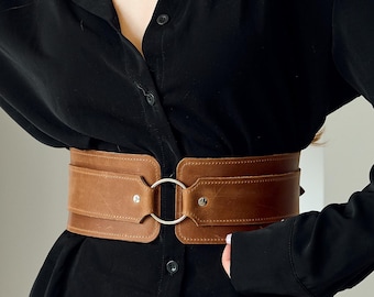 Leather O ring  belt, Leather wide belt, Waist wide belt, Dress belt,Genuine leather belt,Handmade belt,Leather waist belt,Waist corset belt