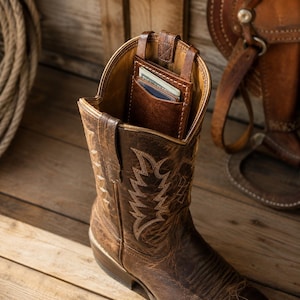 May include: A brown leather cowboy boot featuring decorative cream-colored stitching on the shaft. A small, matching brown leather pocket is attached to the interior upper rim of the boot, containing a stack of paper currency and a card.