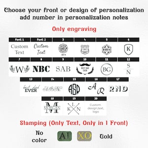 May include: A black and white chart displaying twenty numbered engraving options for personalisation, including various fonts, monograms, and emblems. Below, a section for stamping options shows text styles in no colour, green, and gold.