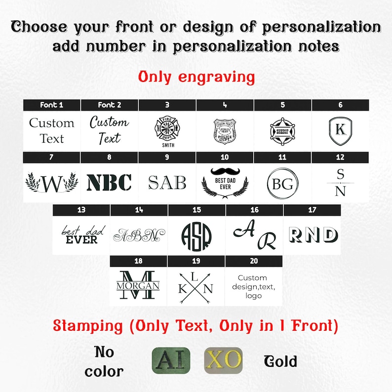 May include: A black and white chart displaying twenty numbered engraving options for personalisation, including various fonts, monograms, and emblems. Below, a section for stamping options shows text styles in no colour, green, and gold.