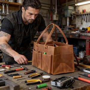 May include: A brown leather tool bag with multiple pockets and handles. The bag is filled with tools and is sitting on a workbench. The bag has the initials "C H" embossed on the front. Various tools are scattered on the workbench.