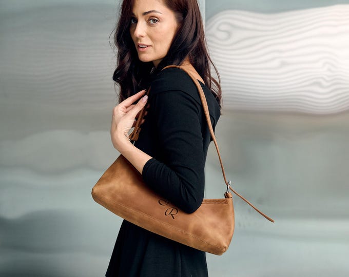 Leather baguette bag, Genuine leather baguette purse, Minimalist leather shoulder bag, Small leather baguette handbag, Vintage style bag