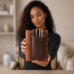 Puede incluir: Una funda de cuaderno de cuero color canela con un bolsillo con cremallera de cuero marrón oscuro en la parte frontal. El bolsillo contiene cuatro bolígrafos con acabados metálicos y verde oscuro. El cuaderno se mantiene erguido con una banda elástica.