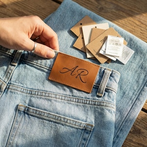 Op de afbeelding: Lichtblauwe spijkerbroek met een rechthoekig, bruin leren label op de achterkant van de tailleband, waarop de letters AR in cursief schrift zijn gedrukt. Een stapel van verschillende kleine, vierkante, beige en witte papieren labels.