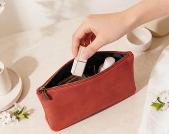 Leather Cosmetic Bag, Leather Makeup Bag,Leather Toiletry Bag,Leather Travel Makeup Bag,Genuine Leather Cosmetic Pouch,Leather Zipper Makeup