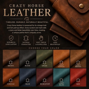 May include: A brown leather wallet with a snap button closure and a logo stamp. The image includes text describing Crazy Horse leather, its durability, and a colour chart featuring brown, black, green, light cognac, light brown, cognac, blue, burgundy, light blue, and red swatches.