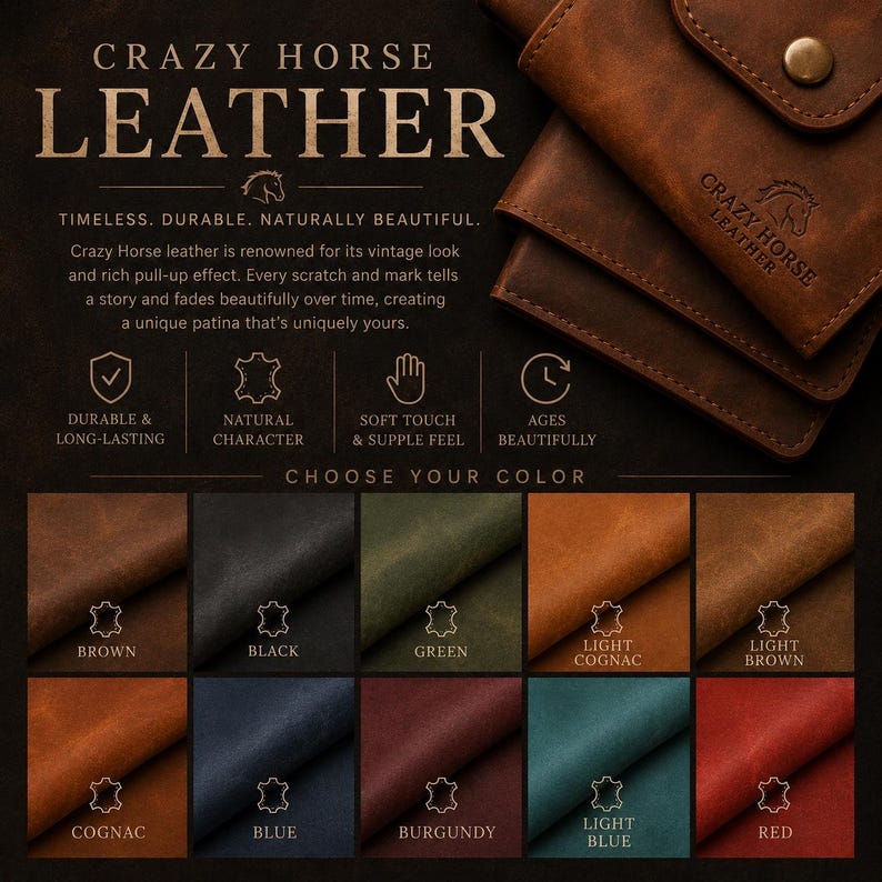 May include: A brown leather wallet with a snap button closure and a logo stamp. The image includes text describing Crazy Horse leather, its durability, and a colour chart featuring brown, black, green, light cognac, light brown, cognac, blue, burgundy, light blue, and red swatches.