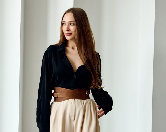 Wide leather waist belt, Leather corset belt, Women’s waist belt, Dress belt, Brown leather belt, High waist belt, Adjustable corset belt