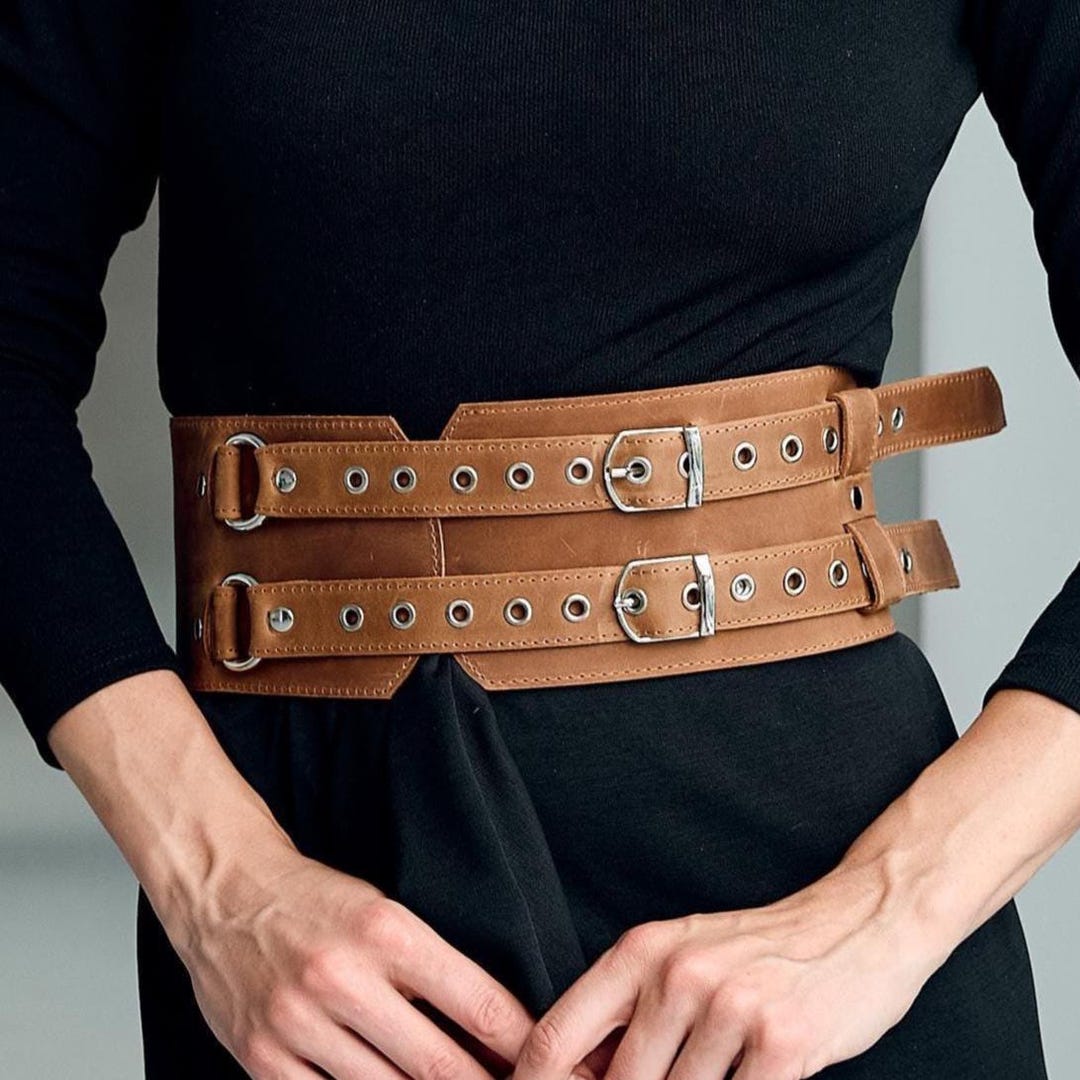 LCDC TM DOUBLE BUCKLE CORSET LEATHER ベルト Leather Cincher Belt for Women, Leather Wide Corset Belt, Engraved