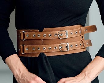 Leather cincher belt for women, Leather wide corset belt, Engraved leather belt with name, Double buckle belt, Steampunk belt, Fashion belt
