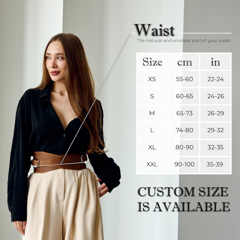 May include: A brown leather corset belt with two silver buckles worn over a black button-down shirt and beige trousers. A size chart displays waist measurements in centimetres and inches, ranging from XS to XXL, with text stating CUSTOM SIZE IS AVAILABLE.