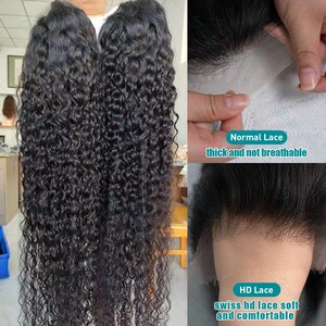 May include: Two long, dark curly wigs are displayed, showcasing the texture and length of the hair. Close-up images highlight the lace construction, with text comparing "Normal Lace" to "HD Lace" for breathability and comfort.