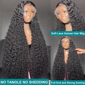 May include: A long, black wavy wig with a lace front. The wig features voluminous curls and appears to be made of human hair. Text on the image reads "Soft Lace Human Hair Wig", "NO TANGLE NO SHEDDING", and "Full End and Strong Sewing".