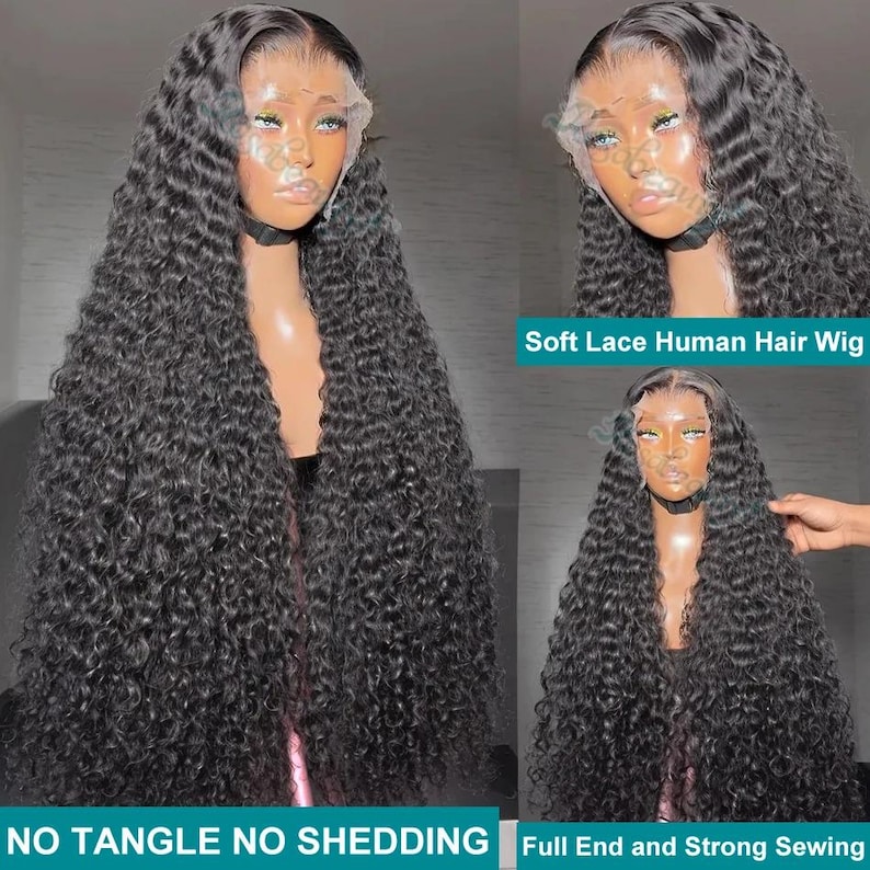 May include: A long, black wavy wig with a lace front. The wig features voluminous curls and appears to be made of human hair. Text on the image reads "Soft Lace Human Hair Wig", "NO TANGLE NO SHEDDING", and "Full End and Strong Sewing".