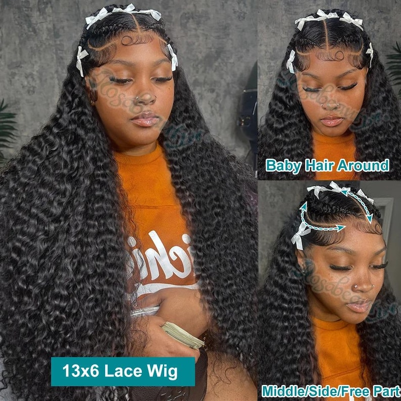 May include: A woman wearing a long, curly black 13x6 lace wig. The wig features baby hair around the hairline and can be parted in the middle or on the side. White bows adorn the hairline.