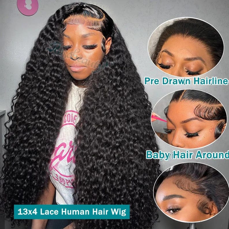 May include: A long, curly black 13x4 lace human hair wig. The wig has a pre-drawn hairline and baby hair around the edges. The model is wearing a white t-shirt with a graphic print.