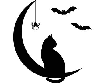 Zwarte kat op de maan met vleermuizen SVG | Halloween-SVG | Cricut Halloween-bestand | Enge kat | Vliegende vleermuizen | dxf | jpg | png |