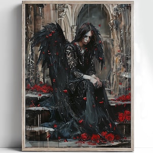 Gothic Dark Angel Digital Print – Fallen Angel Wall Art – Mourning Fantasy Printable for Instant Download