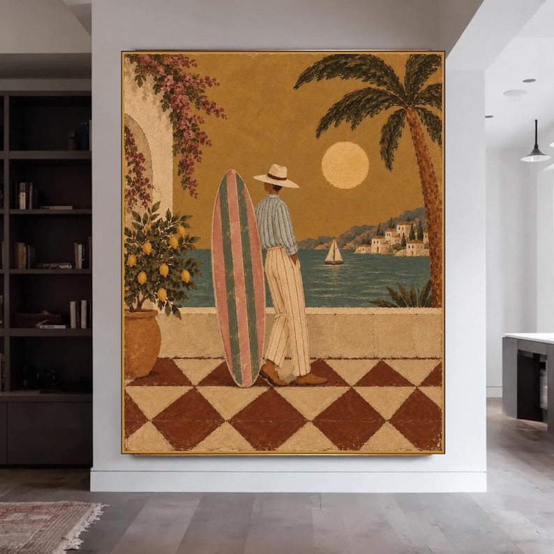 Hand Painted Surf Painting, Large Vintage Mid Century Canvas, Warm ...