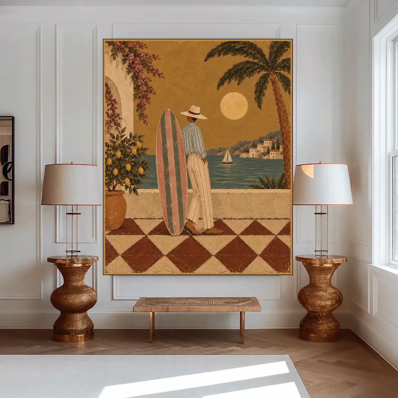 Hand Painted Surf Painting, Large Vintage Mid Century Canvas, Warm ...