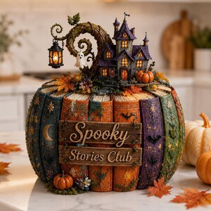 May include: A decorative pumpkin-shaped sculpture composed of stacked book spines in shades of blue, orange, purple, and green. It features a miniature purple castle, a hanging lantern, a ghost, and a sign reading Spooky Stories Club.