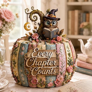 May include: A decorative pumpkin-shaped sculpture made of stacked book spines in pastel colours, adorned with pink flowers and a central wooden sign reading "Every Chapter Counts." A brown owl wearing a purple witch hat and glasses sits on top.