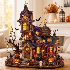 May include: A decorative Moonlit Pumpkin Manor Halloween house featuring a multi-story structure with purple and dark gray roofs, illuminated windows, miniature ghosts, pumpkins, a black cat, and hanging lanterns, all set on a base with a fence.