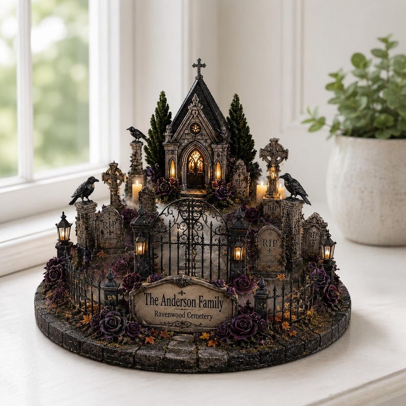May include: A miniature cemetery display featuring a central mausoleum, wrought iron gates, and tombstones marked RIP. The base displays the text The Anderson Family Ravenwood Cemetery, accented with dark purple roses, black crows, and warm lights.