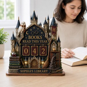 May include: A decorative tabletop castle sculpture featuring a white owl, a broomstick, a wizard hat, and a stack of books labeled with subjects. The center displays the text BOOKS READ THIS YEAR with a counter showing 042 and SOPHIA'S LIBRARY.