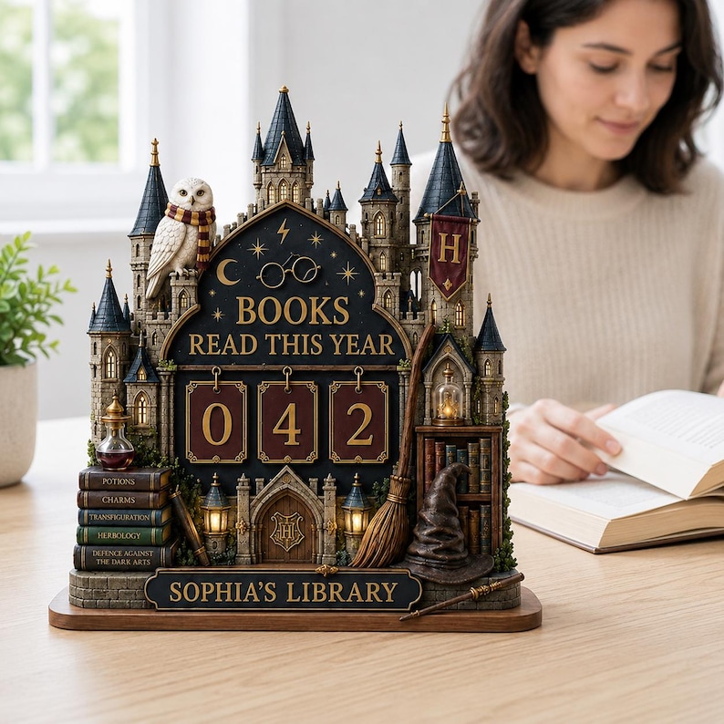 May include: A decorative tabletop castle sculpture featuring a white owl, a broomstick, a wizard hat, and a stack of books labeled with subjects. The center displays the text BOOKS READ THIS YEAR with a counter showing 042 and SOPHIA'S LIBRARY.