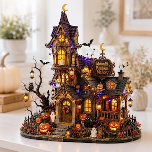 May include: A decorative Halloween-themed house model titled Moonlit Pumpkin Manor, featuring a tall purple roof, glowing yellow windows, miniature ghosts, pumpkins, a black cat, and a bare tree with hanging lanterns, all illuminated by small lights.
